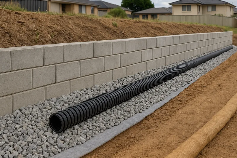 A black corrugated drainage pipe laid in gravel on grey fabric along the foot of a block retaining wall, with a straw roll along the edge of the bare soil in front — retaining wall drainage, Newcastle. Illustrative example.