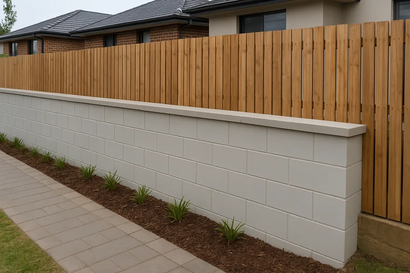 A pale rendered masonry block retaining wall with a flat capping and a timber paling fence on top, a narrow mulched bed at its foot and a paved path beside it — block and masonry retaining wall, Newcastle. Illustrative example.