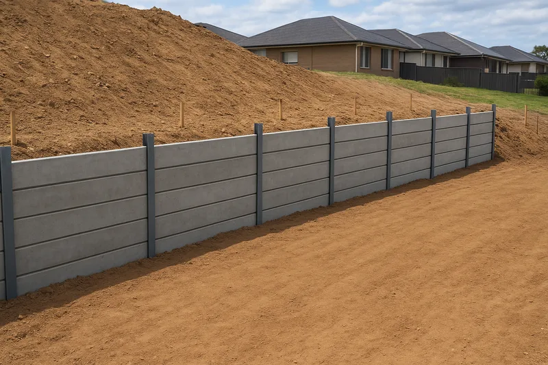A concrete sleeper retaining wall between grey steel posts along the edge of a levelled bare-earth building pad, with a heaped soil bank above it and plain timber survey pegs — concrete sleeper retaining wall, Newcastle. Illustrative example.