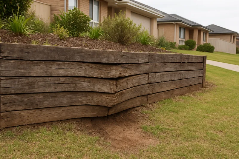 A weathered timber sleeper retaining wall bulging and leaning outward at its middle, with soil washed out at its foot and a garden bed above it — retaining wall replacement, Newcastle. Illustrative example.