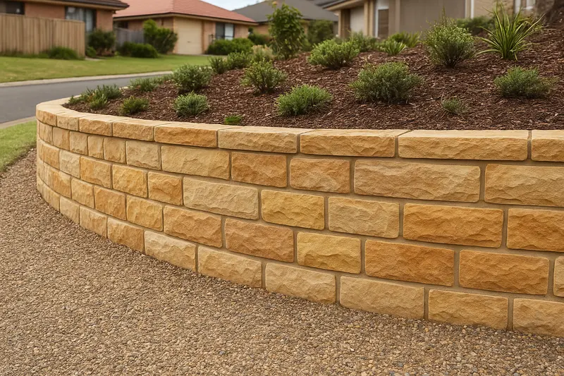 A curved sandstone block retaining wall of buff and ochre blocks, with a mulched bed of low shrubs above it and a gravel path in front — sandstone retaining wall, Newcastle. Illustrative example.