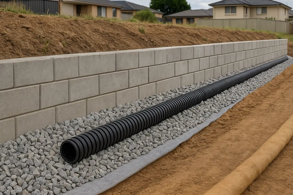 A black corrugated drainage pipe laid in gravel on grey fabric along the foot of a block retaining wall, with a straw roll along the edge of the bare soil in front — retaining wall drainage, Newcastle. Illustrative example.
