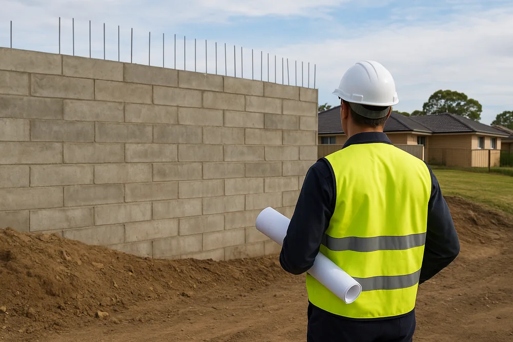 A person in a high-visibility vest and hard hat, seen from behind, holding rolled plans and facing a tall block retaining wall with reinforcing bars standing above its top — retaining walls, Newcastle. Illustrative example.