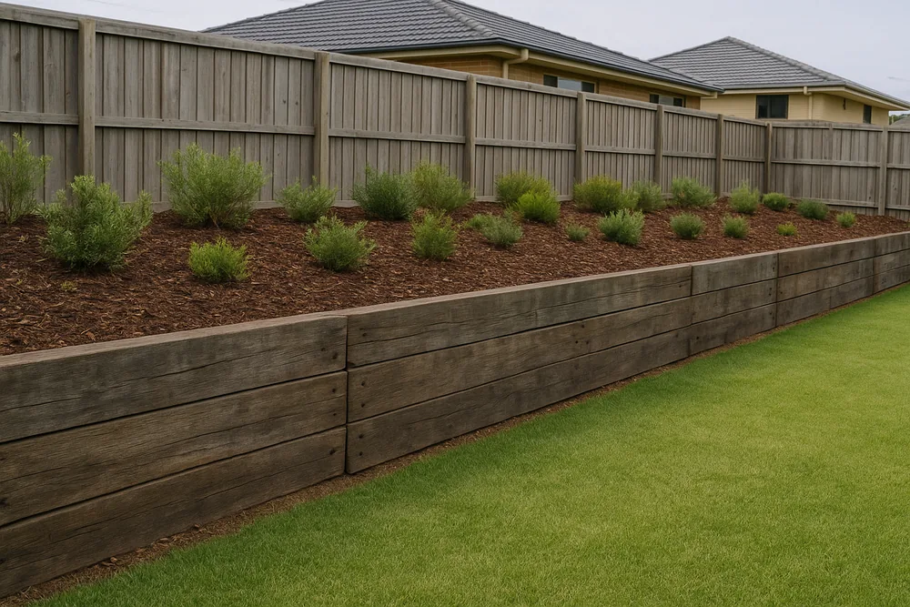 A finished timber sleeper retaining wall of weathered hardwood sleepers along the back of a backyard, with a mulched bed of low shrubs above it, lawn in front and a timber paling fence at the top — timber sleeper retaining wall, Newcastle. Illustrative example.