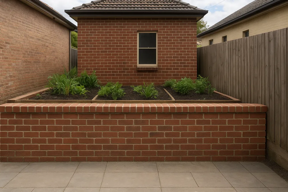 A low brick retaining wall with a flat brick capping holding raised garden beds in a small paved courtyard, with the brick back wall of a house, a neighbouring brick wall and a timber paling fence around it — retaining walls, Newcastle. Illustrative example.