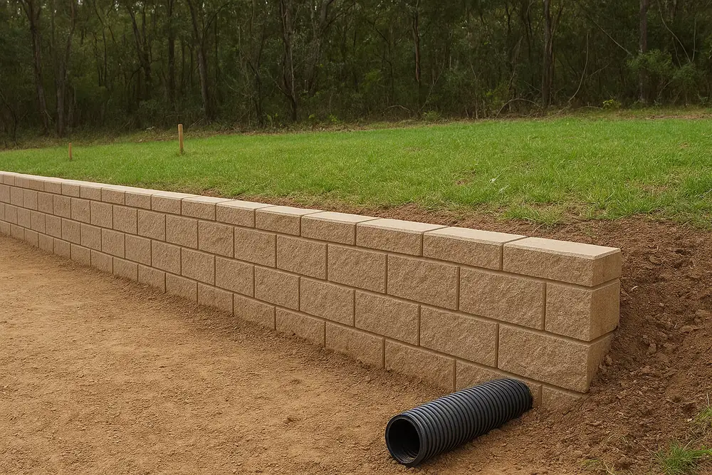 A short block retaining wall along the edge of a levelled pad with a grassed bank above it, a black corrugated drain pipe at its foot, bare earth in front, two wooden pegs and bushland behind — retaining walls, Newcastle. Illustrative example.