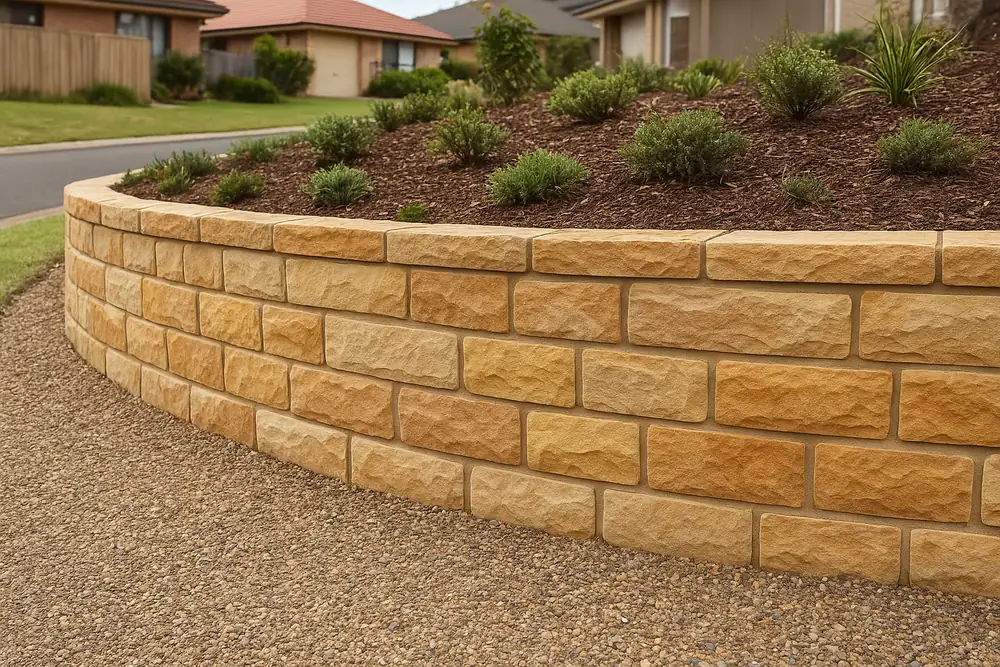 A curved sandstone block retaining wall of buff and ochre blocks, with a mulched bed of low shrubs above it and a gravel path in front — sandstone retaining wall, Newcastle. Illustrative example.