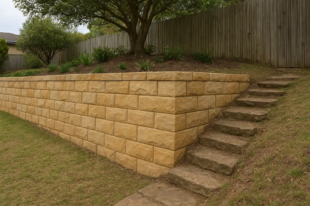 A sandstone block retaining wall with a flat capping on a sloping backyard, planted garden beds and a tree above it, a worn stone step path beside it and a timber paling fence behind — retaining walls, Newcastle. Illustrative example.