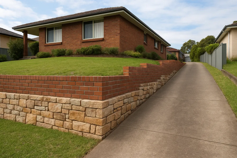 A retaining wall of sandstone blocks below and brick above, stepping up beside a long concrete driveway in the sloping front yard of a single-storey brick house with a lawn on the terrace above — retaining walls, Newcastle. Illustrative example.