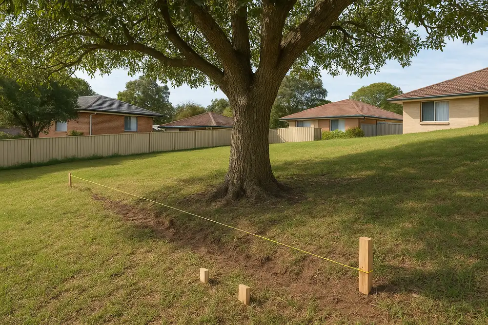 A mature tree in a backyard on a gentle slope, with a yellow string line and three timber pegs set out on the ground beside its trunk and no wall built yet — retaining wall tree permit, Newcastle. Illustrative example.